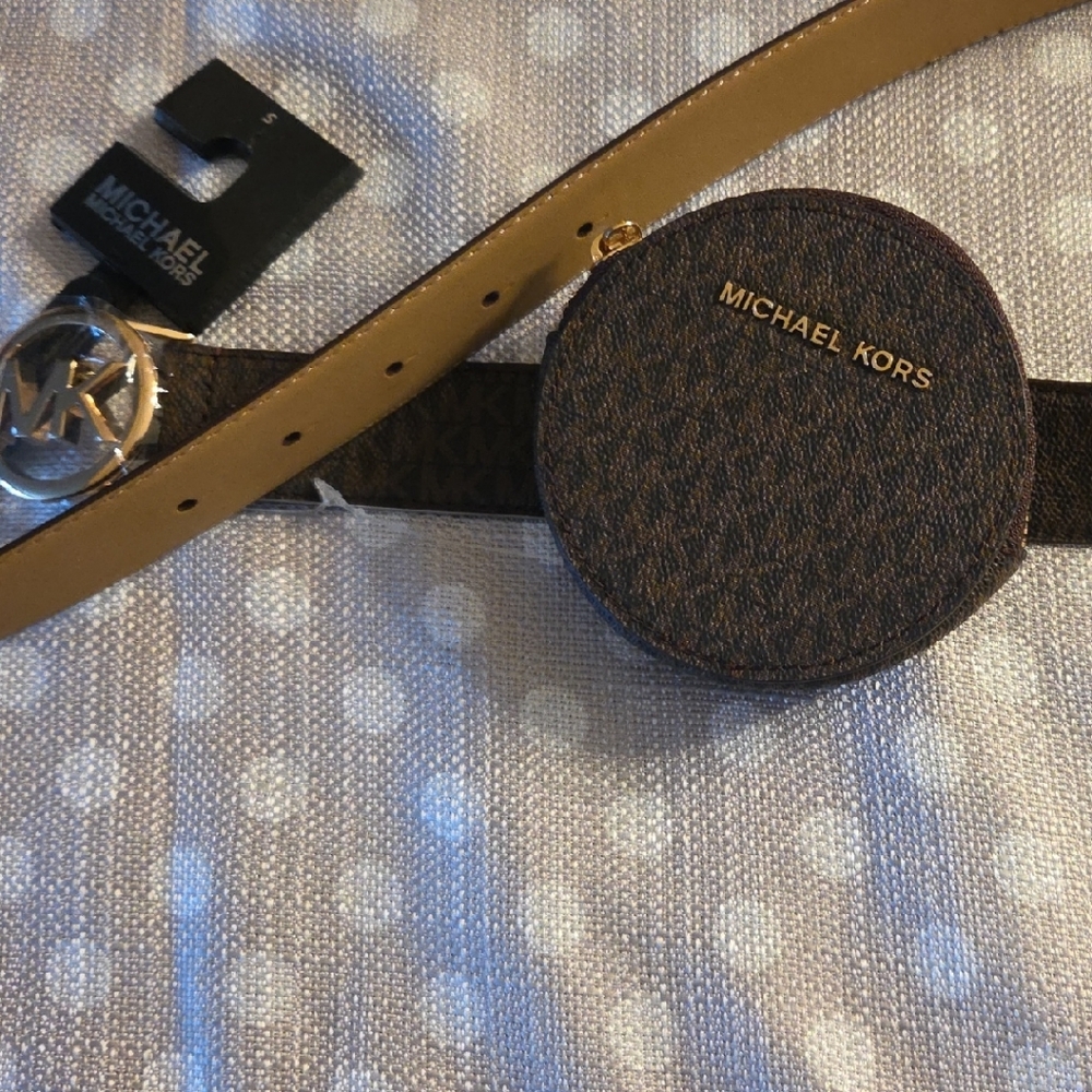 NWT Michael Kors Tan and Brown Belt with Logo Pouch